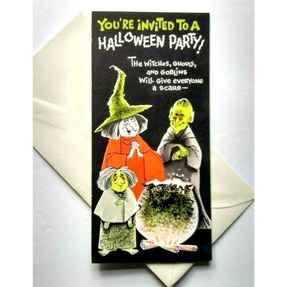Halloween Greeting Card Vintage Party Invite Green Face Goblins Witch Cauldron - Picture 2 of 6